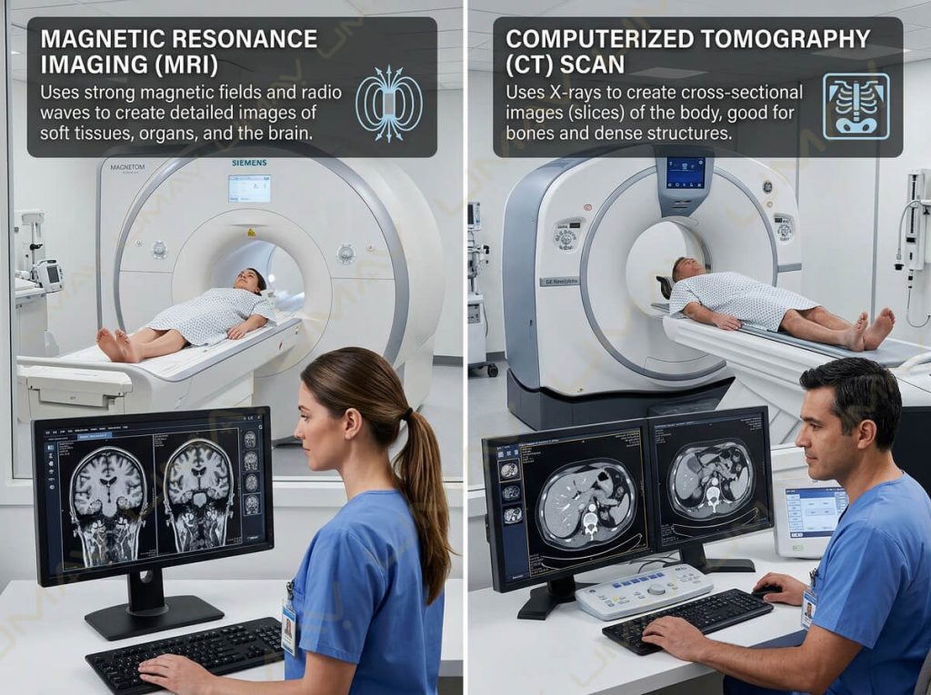 Visual guide comparing MRI and CT scan technologies, imaging principles, and diagnostic workstation consoles.