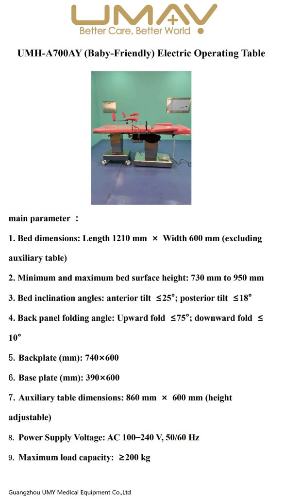 Technical parameter chart for electric obstetric operating table with height and load capacity specifications.
