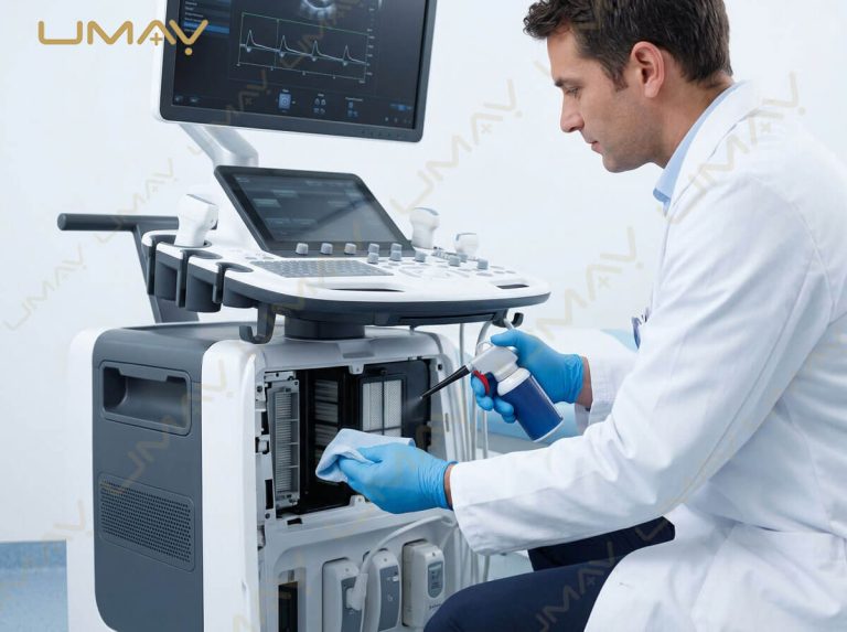 Service technician cleaning dust filter on a cart-based clinical ultrasound system.