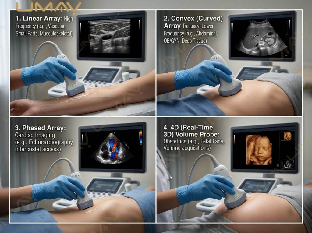 Four-panel visual guide comparing linear, convex, phased array, and 4D volume ultrasound transducers.
