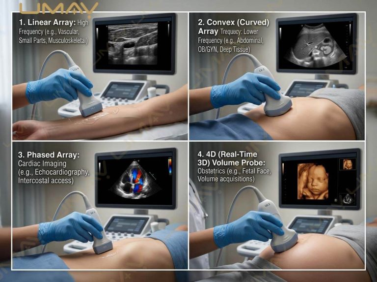 Four-panel visual guide comparing linear, convex, phased array, and 4D volume ultrasound transducers.