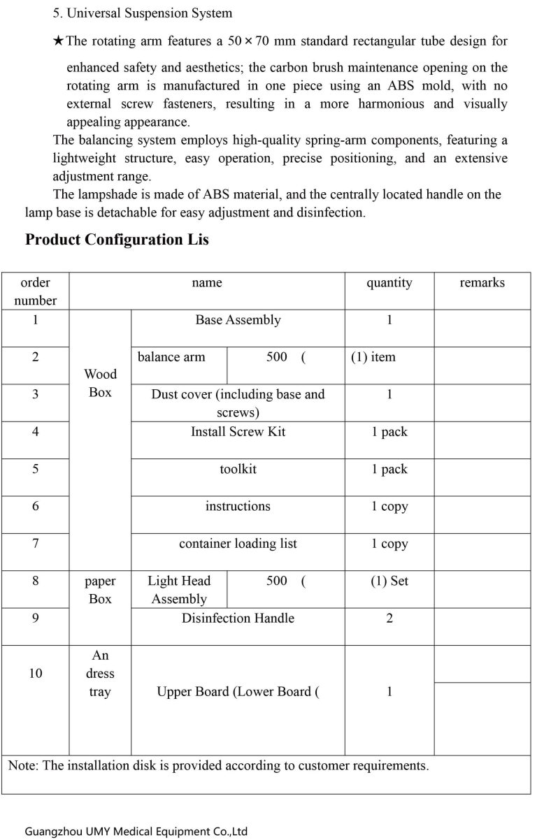 Ceiling Surgical Light Configuration and Packing List