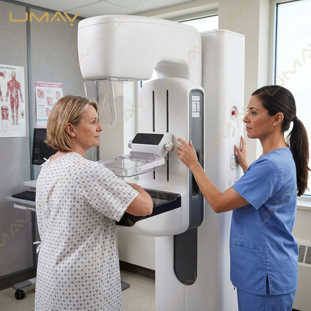 Radiologic technologist positioning a female patient for a breast cancer screening exam on a digital mammography unit.