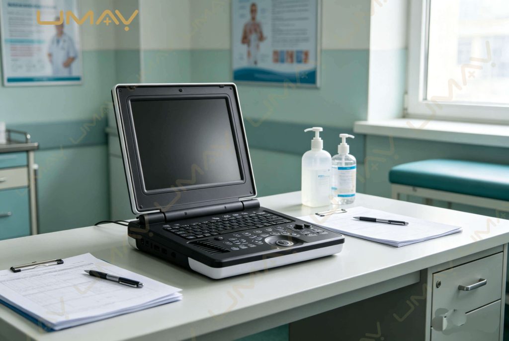 Laptop-style portable ultrasound machine resting on a medical clinic desk with patient charts.