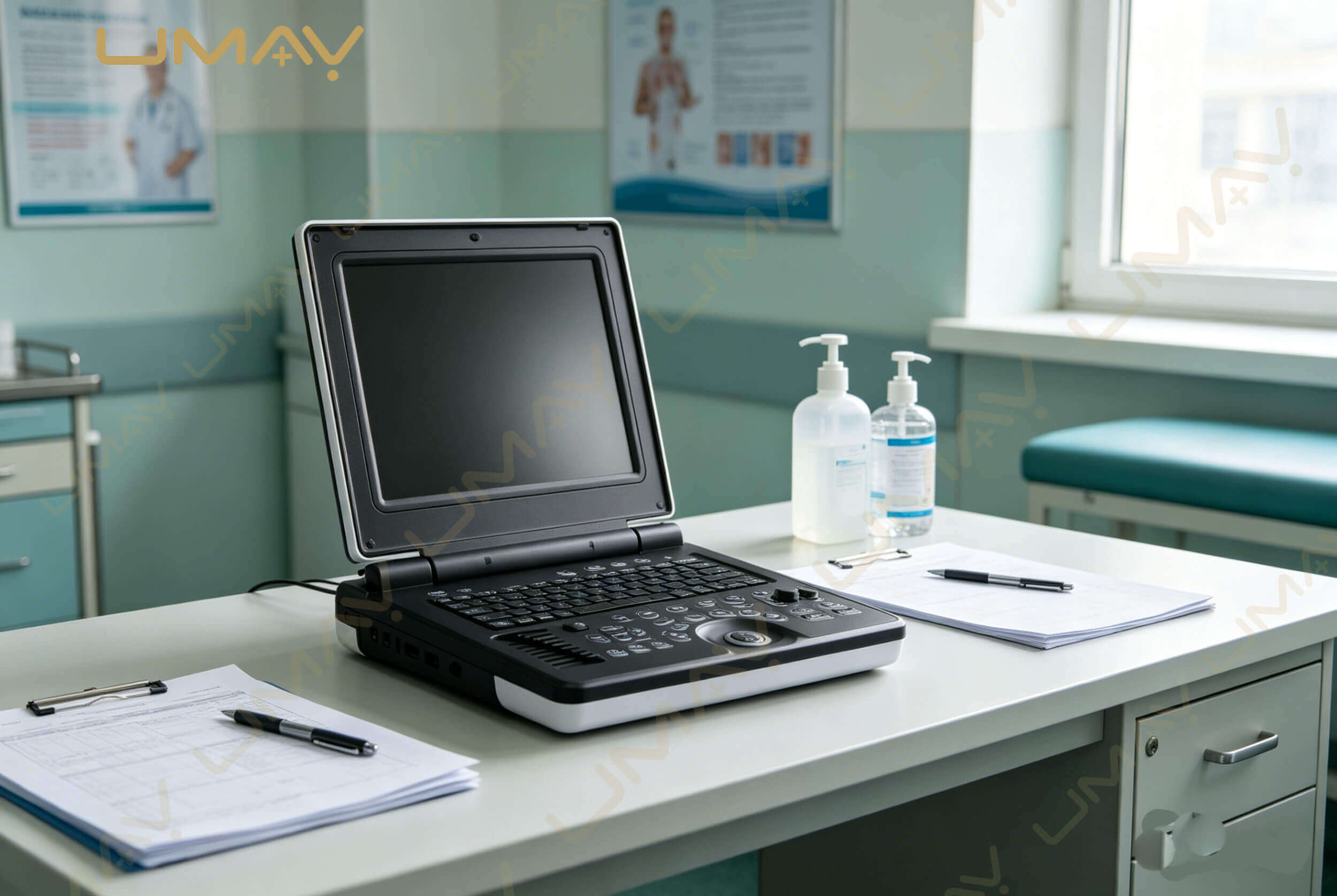 Laptop-style portable ultrasound machine resting on a medical clinic desk with patient charts.