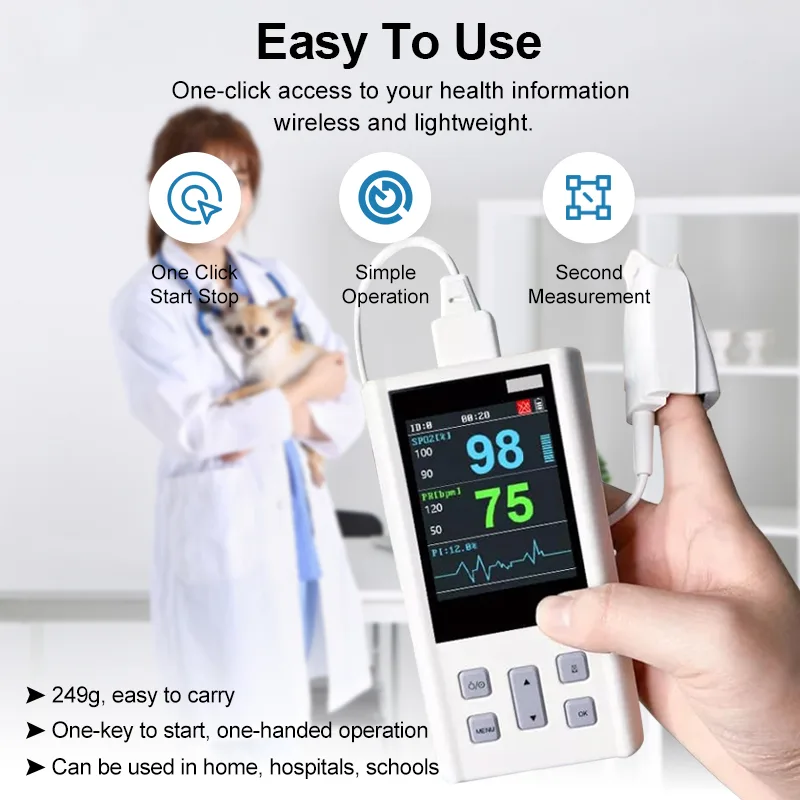Veterinary pulse oximeter displaying a 24-hour continuous monitoring data storage graph.