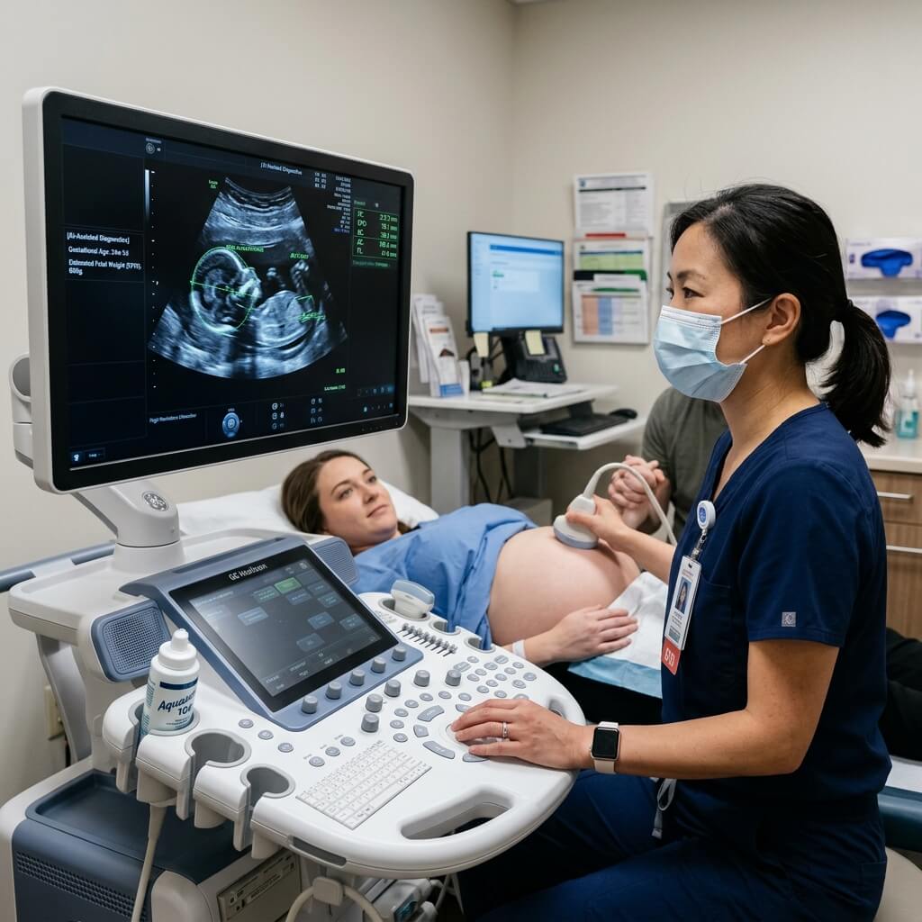 Sonographer performing a prenatal obstetric examination using an AI-assisted ultrasound machine on a pregnant patient.