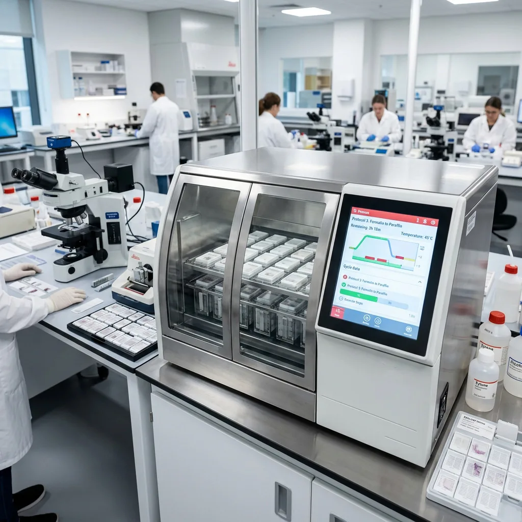 Automated tissue processor machine loaded with sample cassettes in a clinical laboratory.