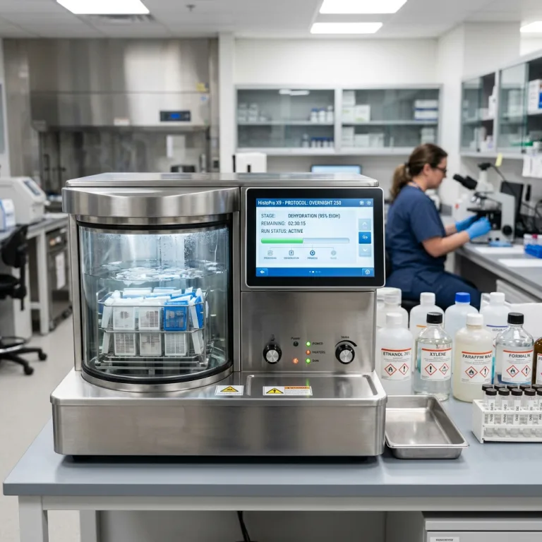 Stainless steel automated tissue processor with a digital touchscreen displaying a dehydration protocol.