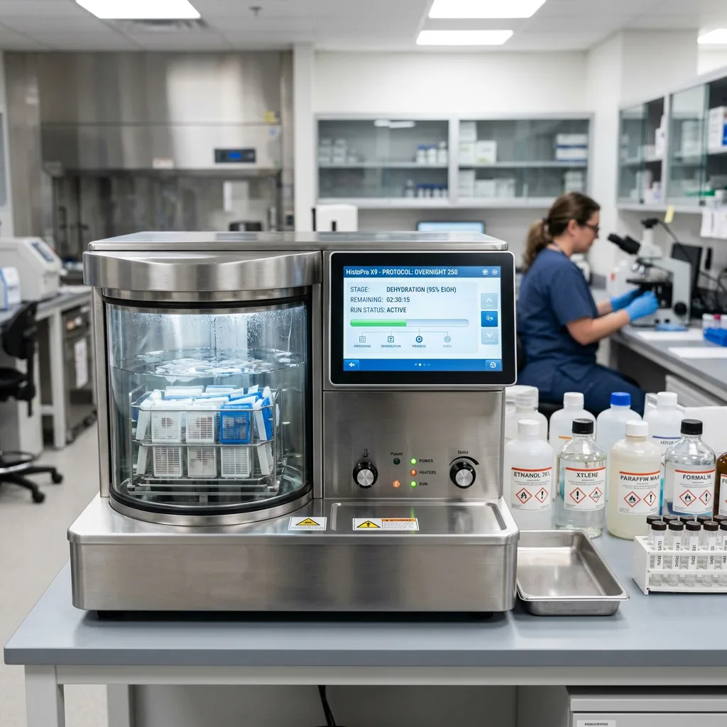 Stainless steel automated tissue processor with a digital touchscreen displaying a dehydration protocol.