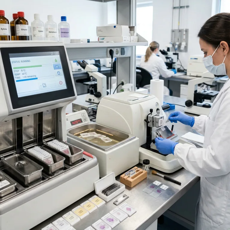 Laboratory technician operating a rotary microtome beside an automated tissue processor and tissue flotation water bath.