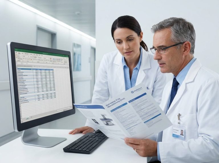 Medical procurement team reviewing DEXA bone densitometer technical brochure and cost spreadsheet.