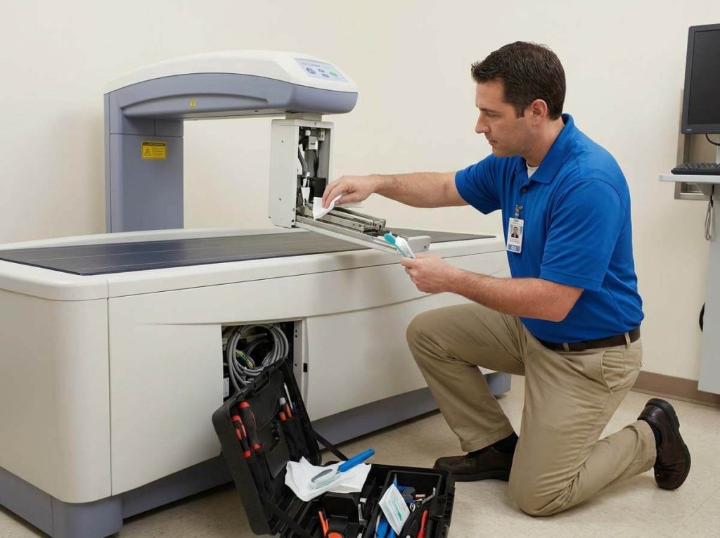 Service engineer repairing DEXA bone densitometer mechanical arm during routine maintenance.