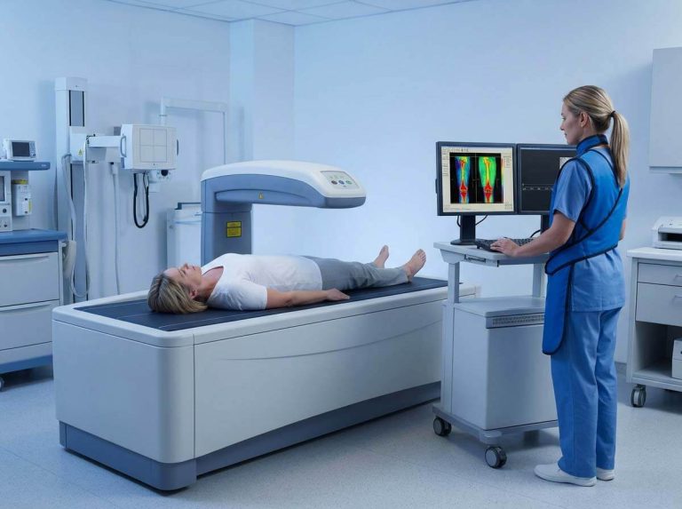 Radiologic technologist operating DEXA bone densitometer workstation during patient scanning.