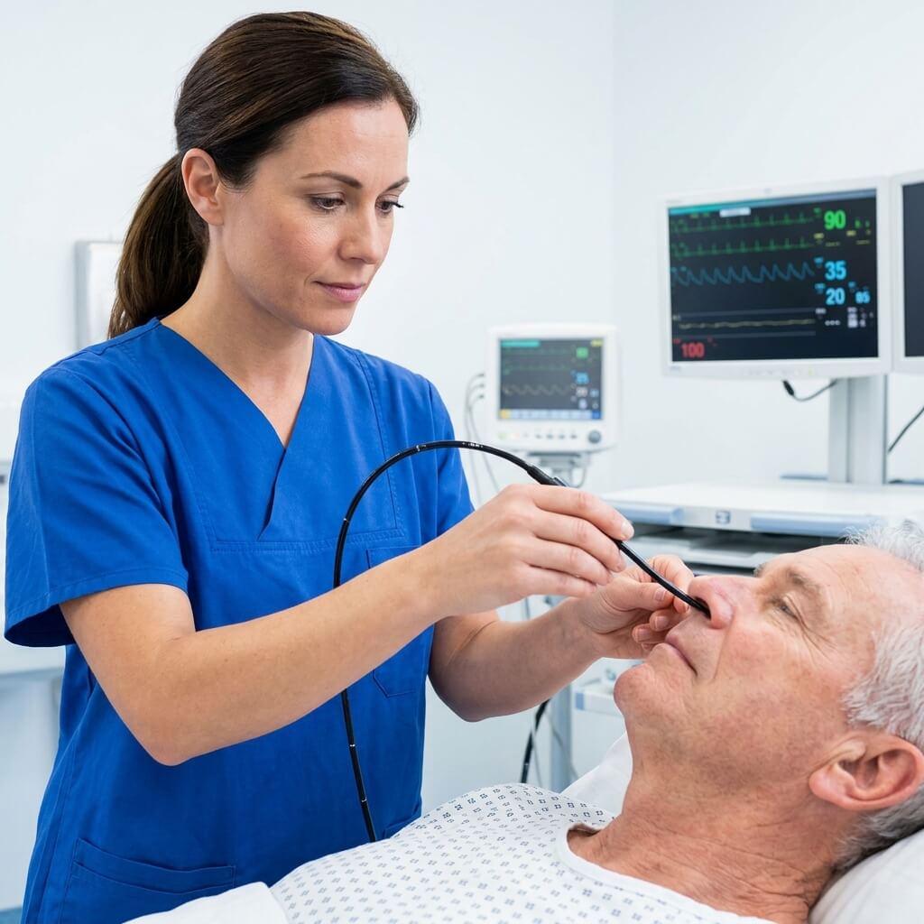 Healthcare professional performing a transnasal bronchoscopy procedure on a male patient.