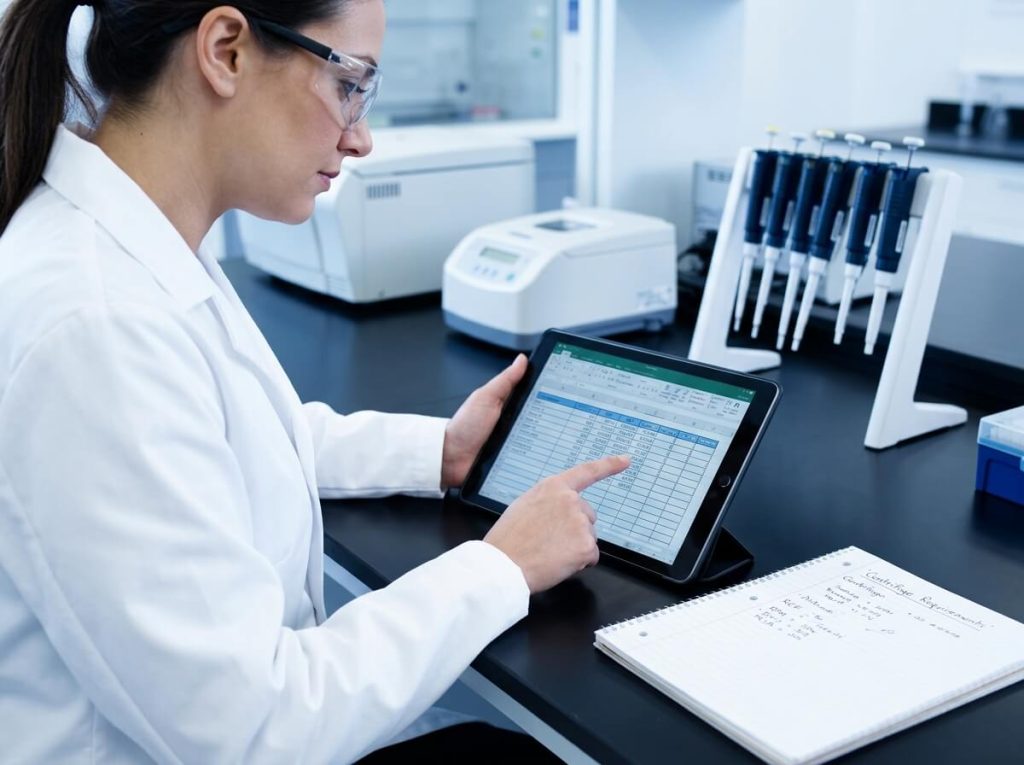 Lab technician reviewing laboratory centrifuge procurement checklist on tablet screen.