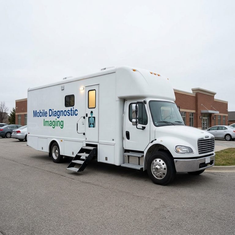 Exterior view of custom mobile diagnostic imaging medical truck parked outside hospital facility.