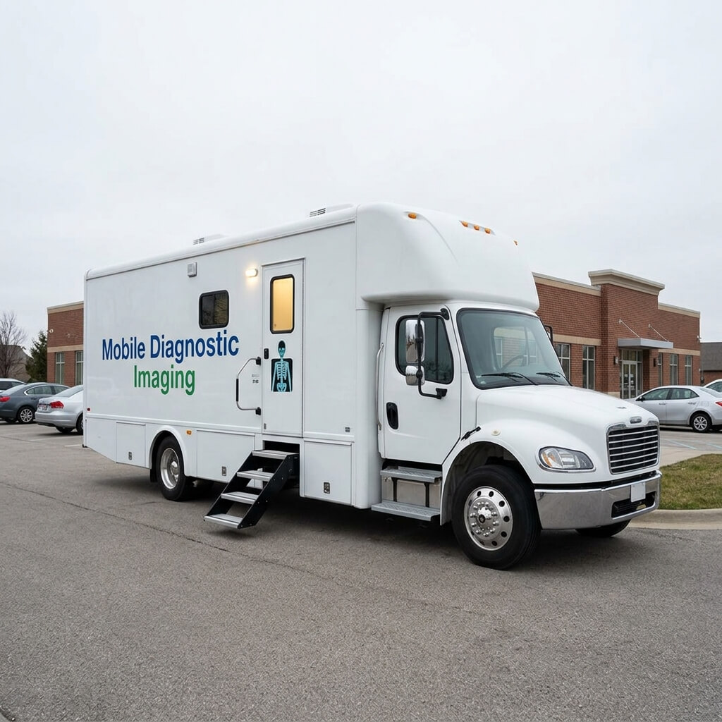 Exterior view of custom mobile diagnostic imaging medical truck parked outside hospital facility.