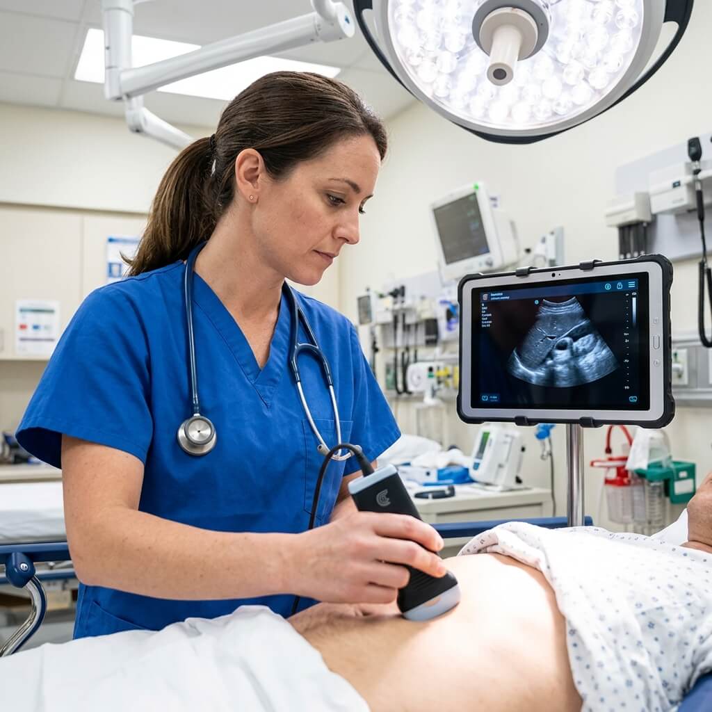 Female physician performing an abdominal scan using a handheld ultrasound probe connected to a rugged tablet displaying the imaging results.