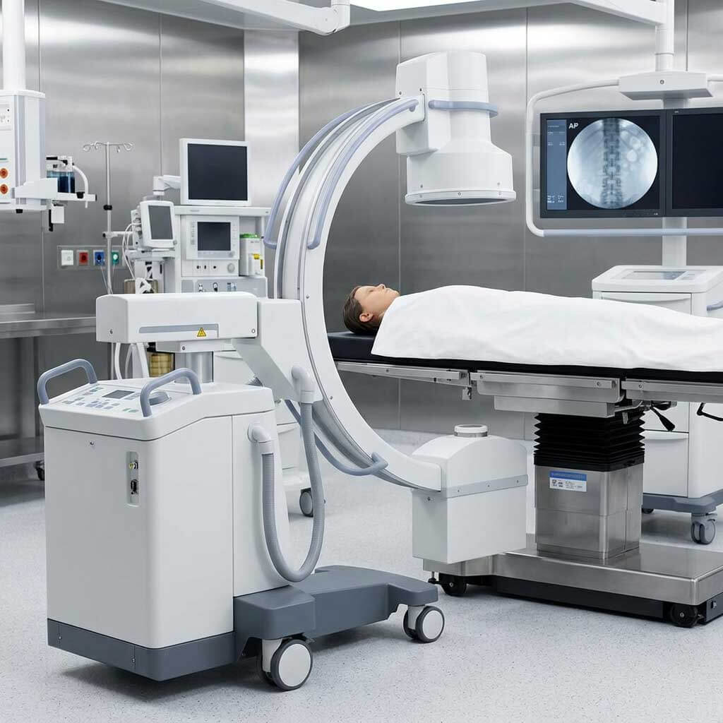 Mobile surgical C-arm machine positioned around operating table for spinal fluoroscopy imaging.
