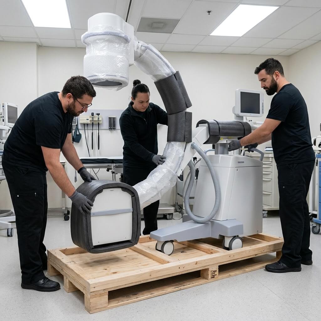 Logistics engineers packing mobile C-arm fluoroscopy system with foam cushioning and wooden shipping pallet.