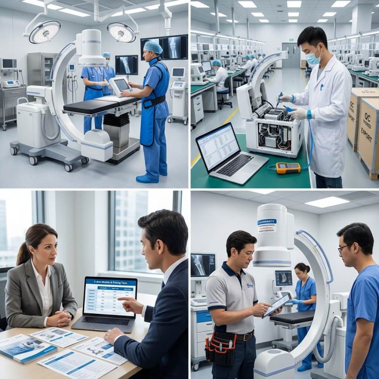 Four-panel collage showing C-arm surgical operation, factory testing, B2B procurement meeting, and on-site maintenance.