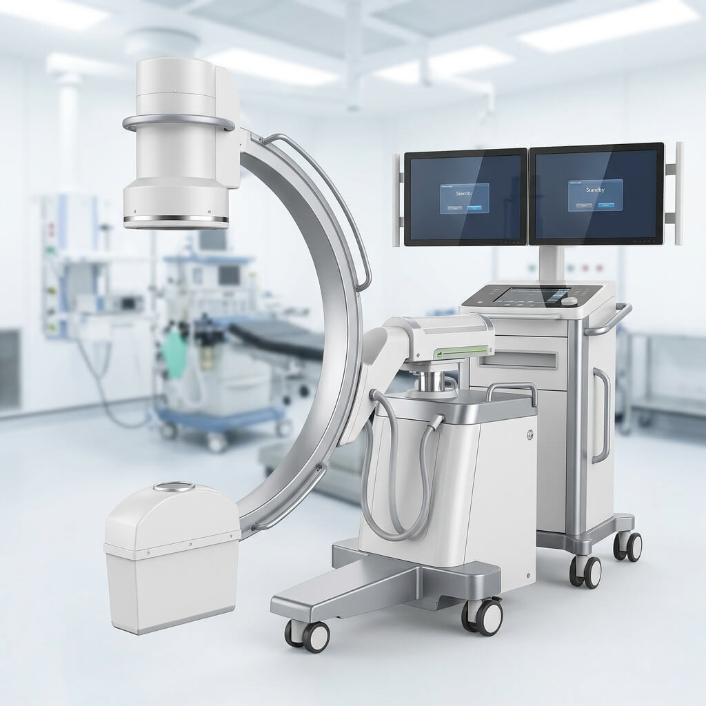 Mobile surgical C-arm X-ray system with dual-monitor mobile workstation cart in clean hospital theater.