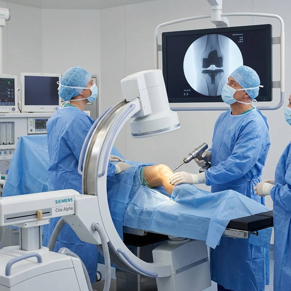 Orthopedic surgeon using surgical drill guided by mobile C-arm imaging during knee joint replacement.