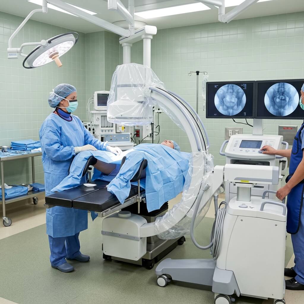 Clinical team performing gynecological procedure using sterile draped mobile C-arm fluoroscopy machine.