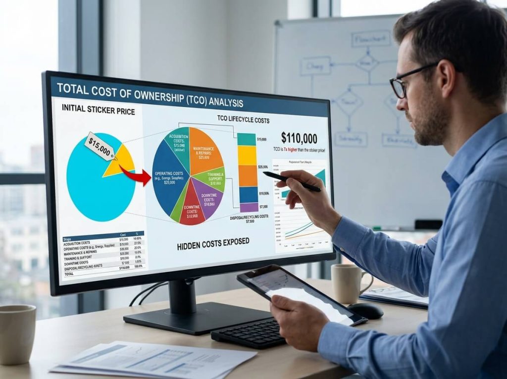 Medical equipment analyst presenting total cost of ownership TCO breakdown on monitor.