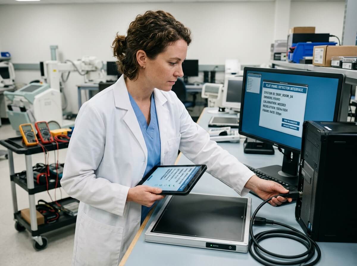 Biomedical engineer calibrating digital X-ray flat panel detector interface in radiology lab.