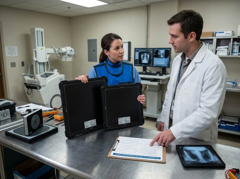 Medical specialists comparing wireless flat panel detector sizes=