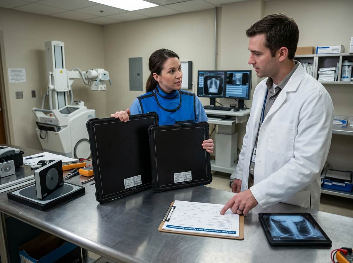 Medical specialists comparing wireless flat panel detector sizes=