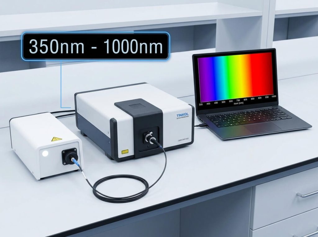 Compact modular spectrometer system with light source connected to laptop covering 350nm to 1000nm wavelength range.