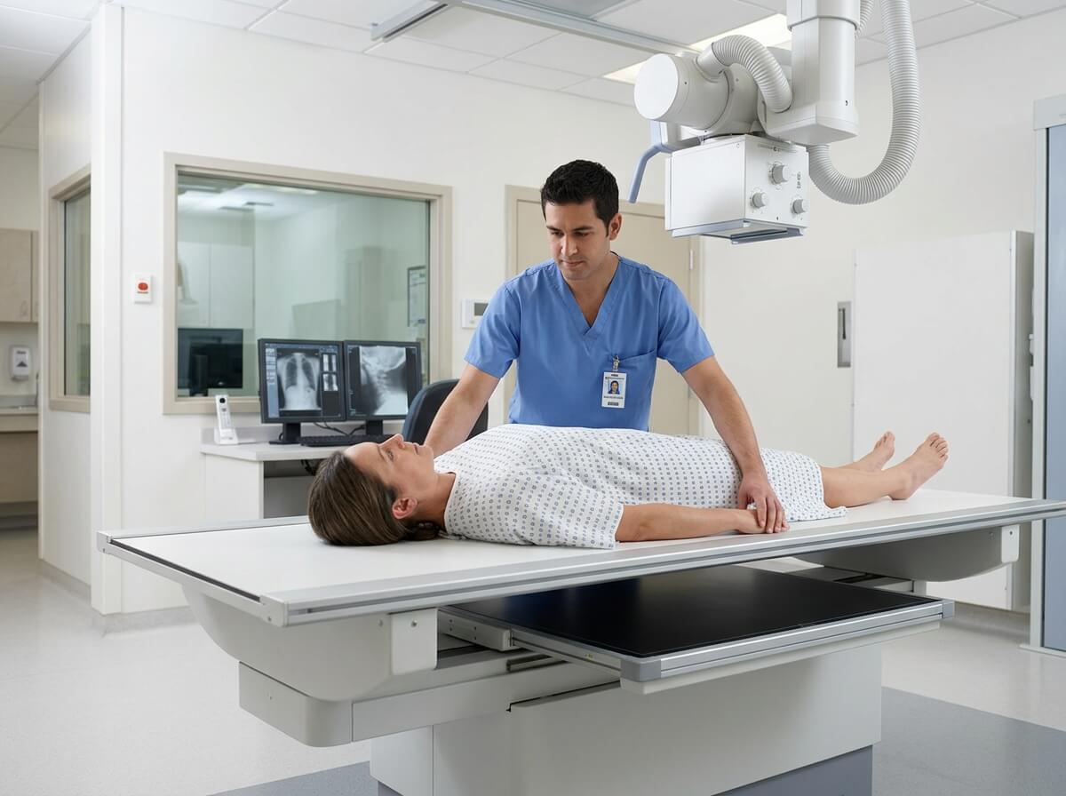 Radiologic technologist positioning patient over X-ray table with integrated flat panel detector.