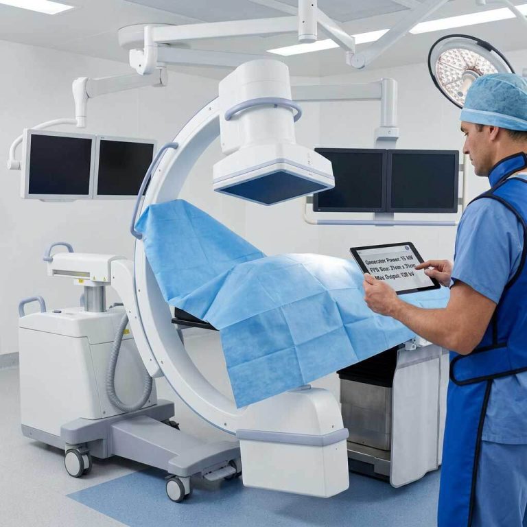 Surgical technician reviewing technical specifications of mobile surgical fluoroscopy C-arm machine on digital tablet.