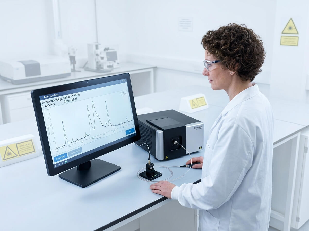 Researcher setting up UV-Vis fiber optic spectrometer for spectral resolution analysis in laboratory.
