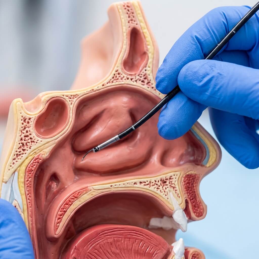 Flexible medical fiberscope being inserted into an anatomical model of a human nasal cavity.