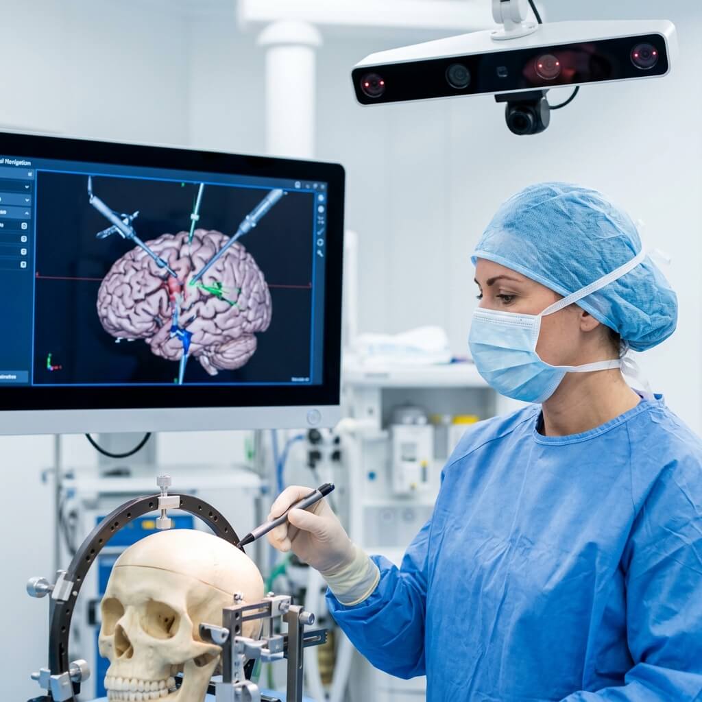 Neurosurgeon calibrating surgical navigation probe on skull model using overhead optical tracking camera.
