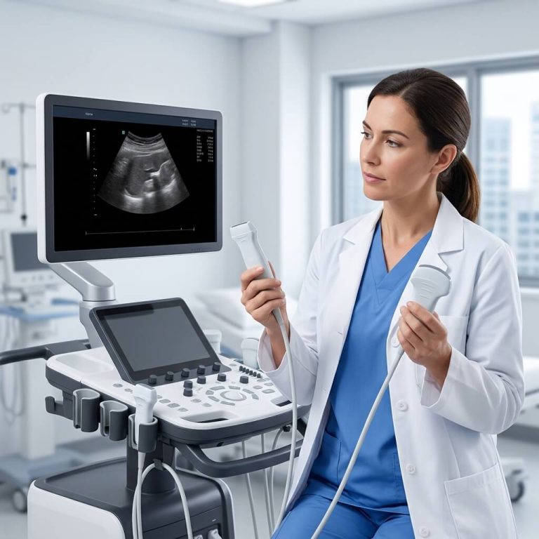 Female physician comparing two different ultrasound transducer probes in front of a diagnostic imaging machine.