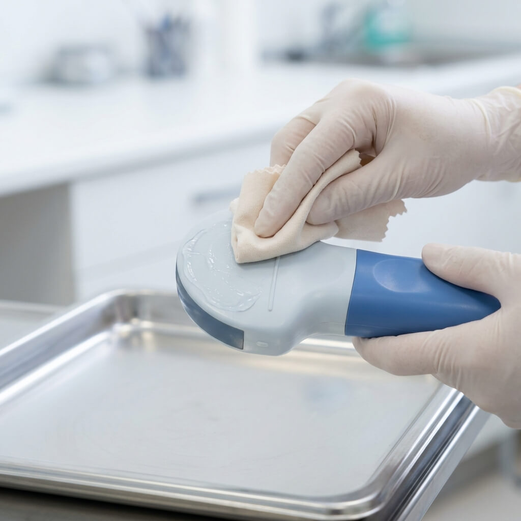 Gloved hands carefully wiping remaining transmission gel off an ultrasound probe with a soft cloth.