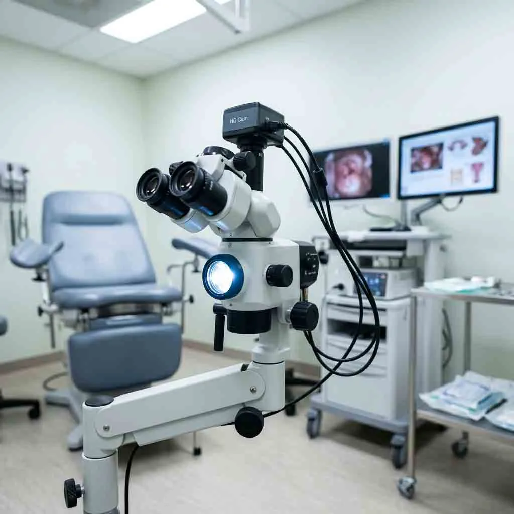 Optical video colposcope with HD camera attachment in gynecological examination room.