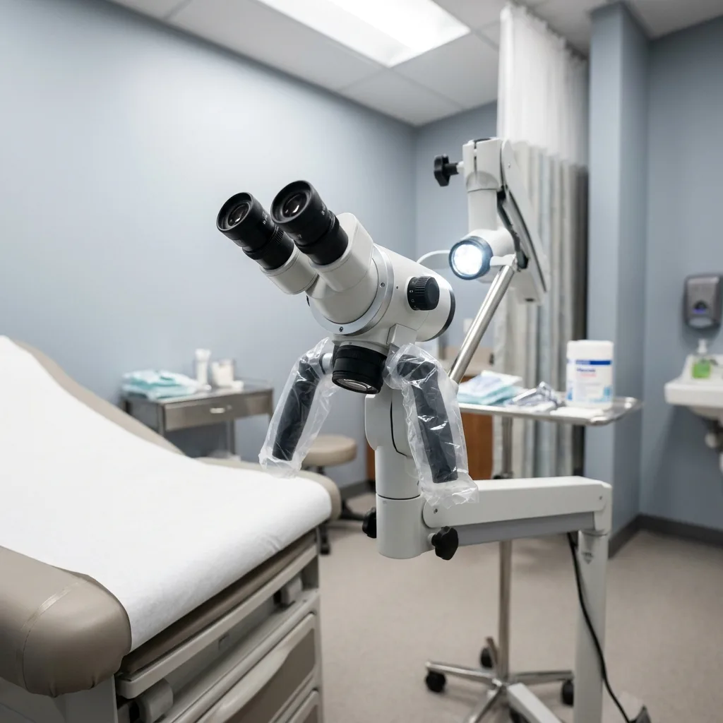 Binocular optical colposcope with LED light source positioned next to a patient examination table.