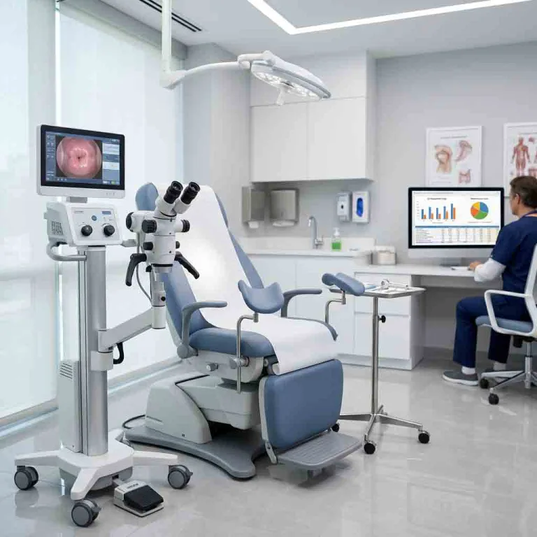 Advanced digital colposcopy machine beside an examination chair in a modern gynecological clinic.