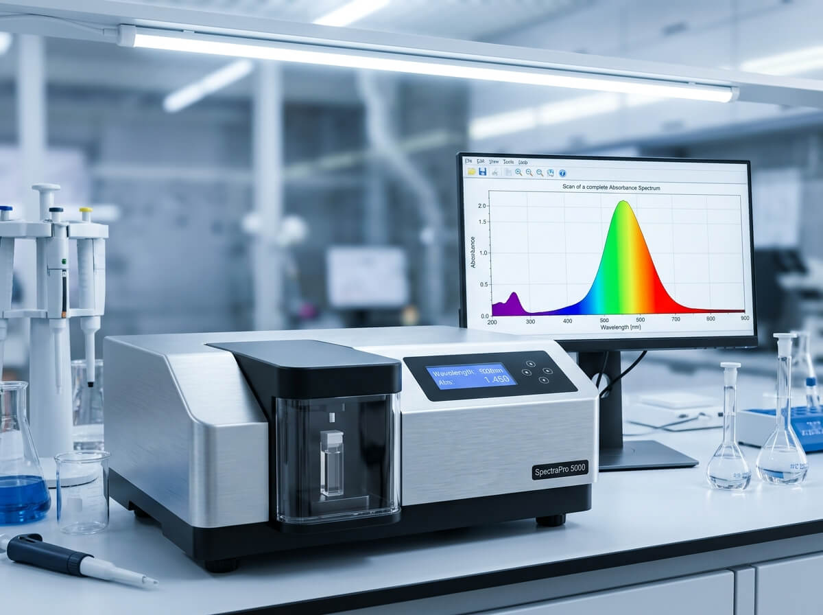 Benchtop UV-Vis spectrophotometer with digital display showing full absorbance spectrum scan.