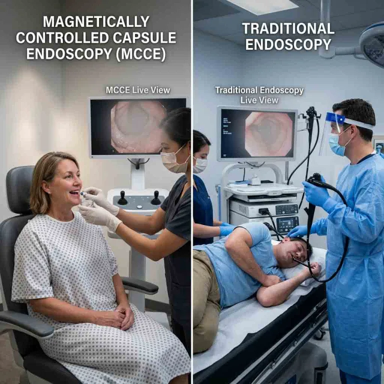 Split screen comparing patient undergoing magnetically controlled capsule endoscopy versus traditional tube endoscopy.