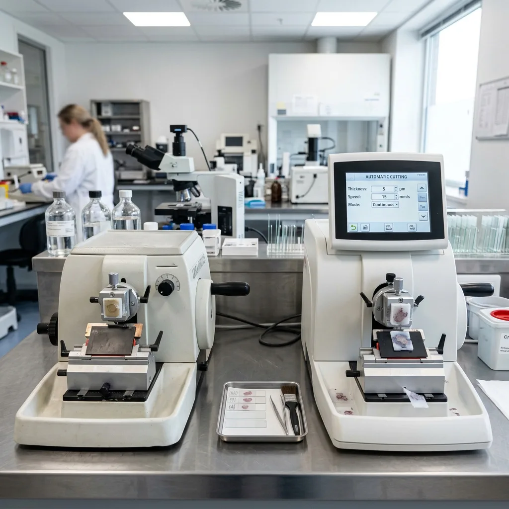 Side-by-side comparison of a manual rotary microtome and an automated microtome with a digital display.