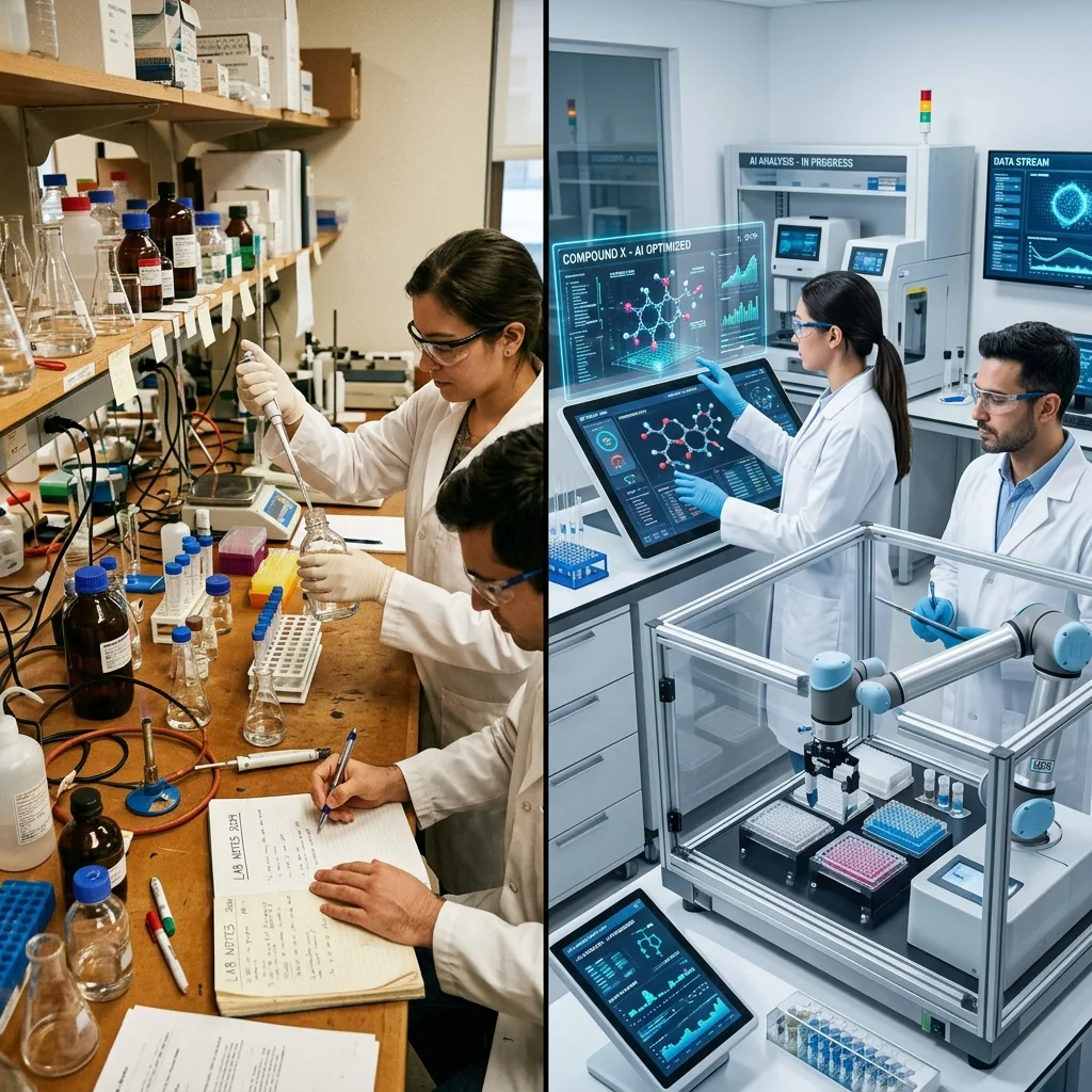 Split screen comparing manual laboratory pipetting with an advanced smart lab utilizing AI dashboards and robotic automation.