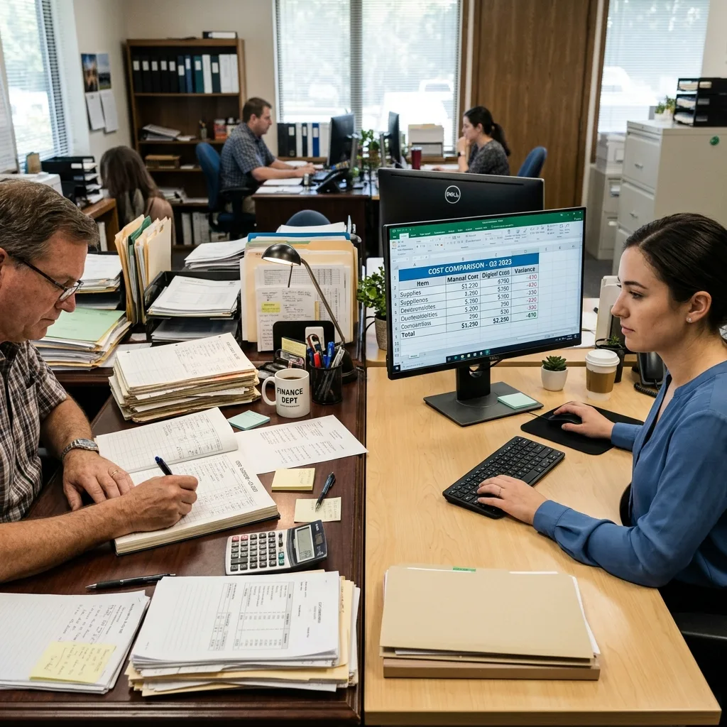 Split screen comparing traditional paper-based office work with a modern digital cost analysis workplace.