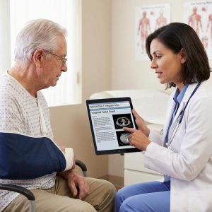 Female physician reviewing digital chest CT scan report on tablet with senior patient.